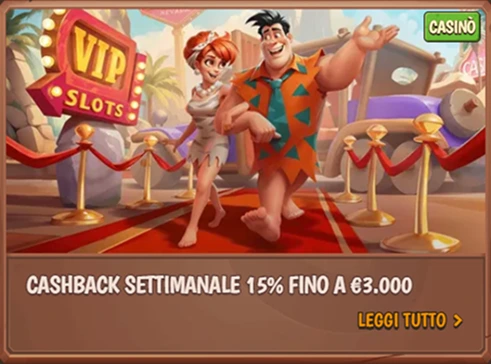 Cashback settimanale VIP fino a €3000 con personaggi cartoon