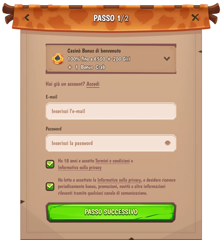 Modulo registrazione Step 1: email, password e selezione bonus casinò