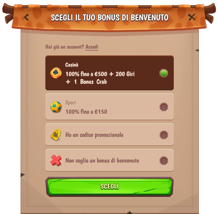 Schermata scelta bonus: Casinò €500+200 giri, Sport €150 o nessun bonus
